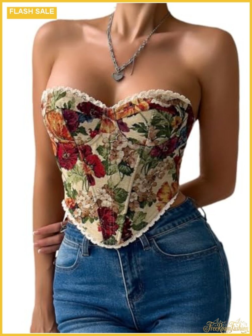 Floral Strapless Corset Top Lace Trim Lace-Up Sweetheart Bustier Crop